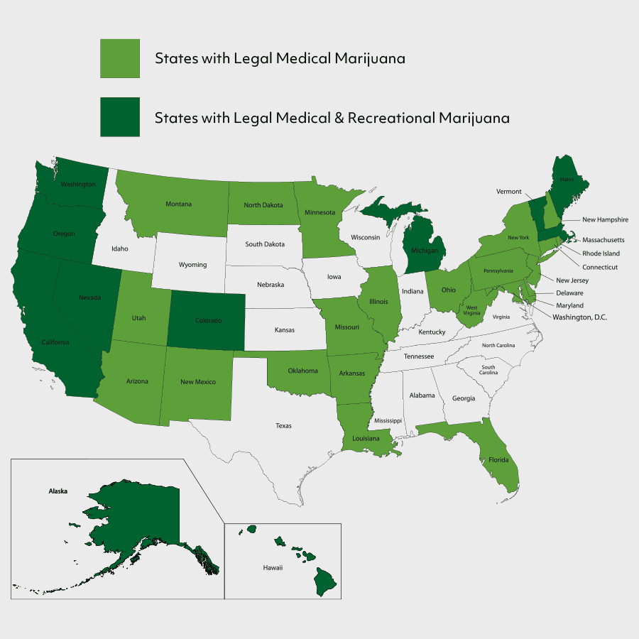 Marijuana is medicinally legal in 34 states and recreationally legal in 10
